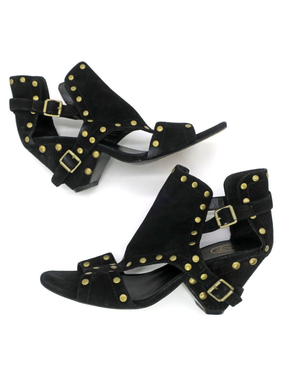 Ash Sade Black Suede Studded Gladiator Block Heel Sandals Womens 9.5 Brass Studs